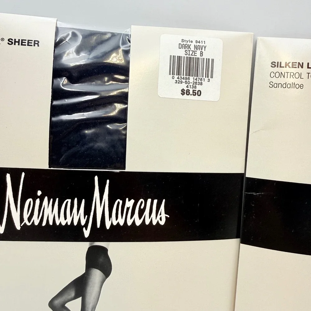 3PK Neiman Marcus Silken Lycra Sheer Control Top Pantyhose Dark Navy Size B 9411